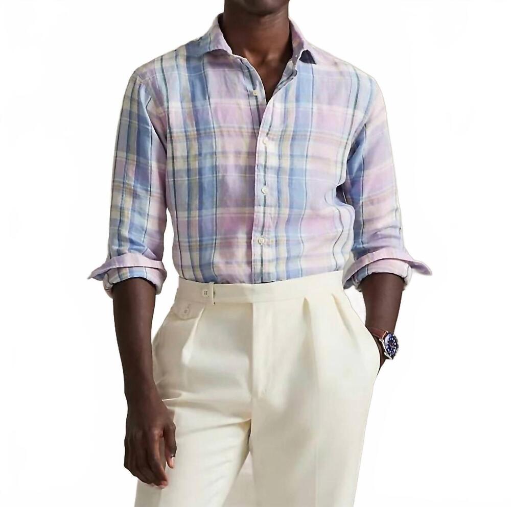 NEW POLO RALPH LAUREN slubby linen shirt in pink/blue